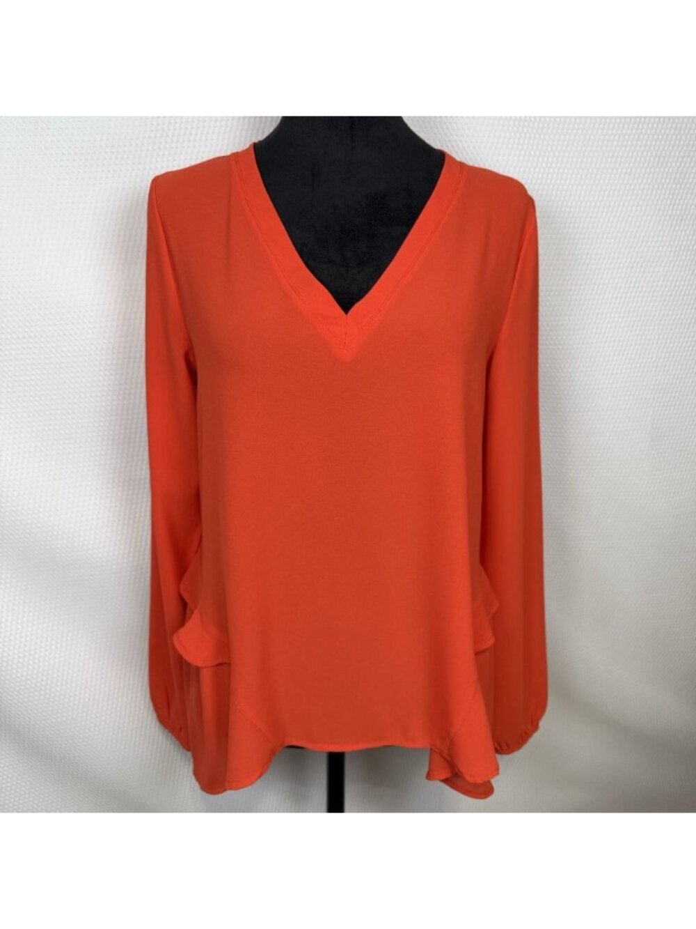 VILA Red V-Neck Blouse Women’s Small Long Sleeve Ruffle Tiered Flounce Hem Top